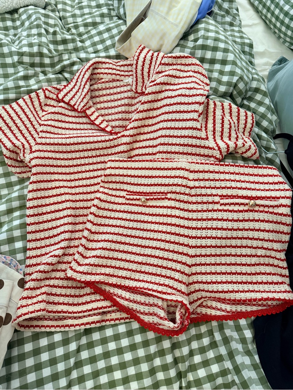 Red & Cream Striped Crochet Top and Shorts Set